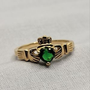 Claddagh Ring Gold and Heart Shape May Emerald Birthstone Designer Signed
